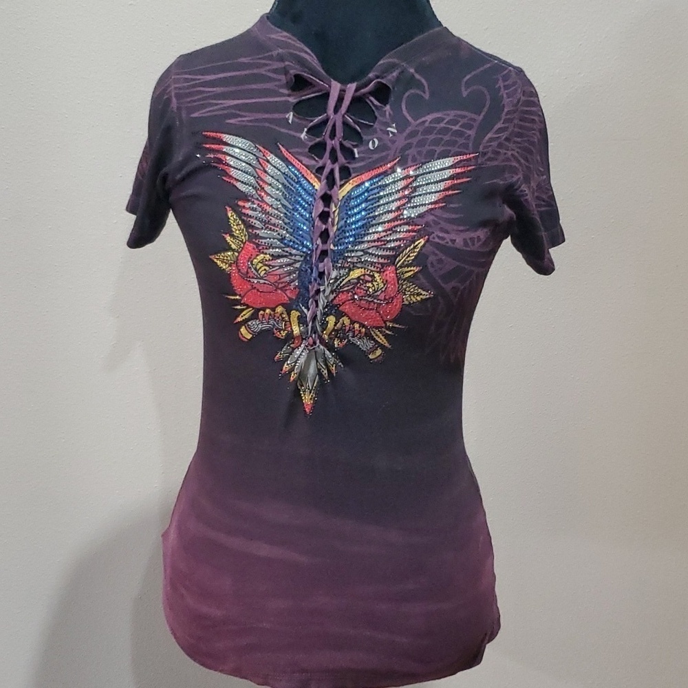 Affliction black label eagle wing jewelled t shirt burgandy black distressed